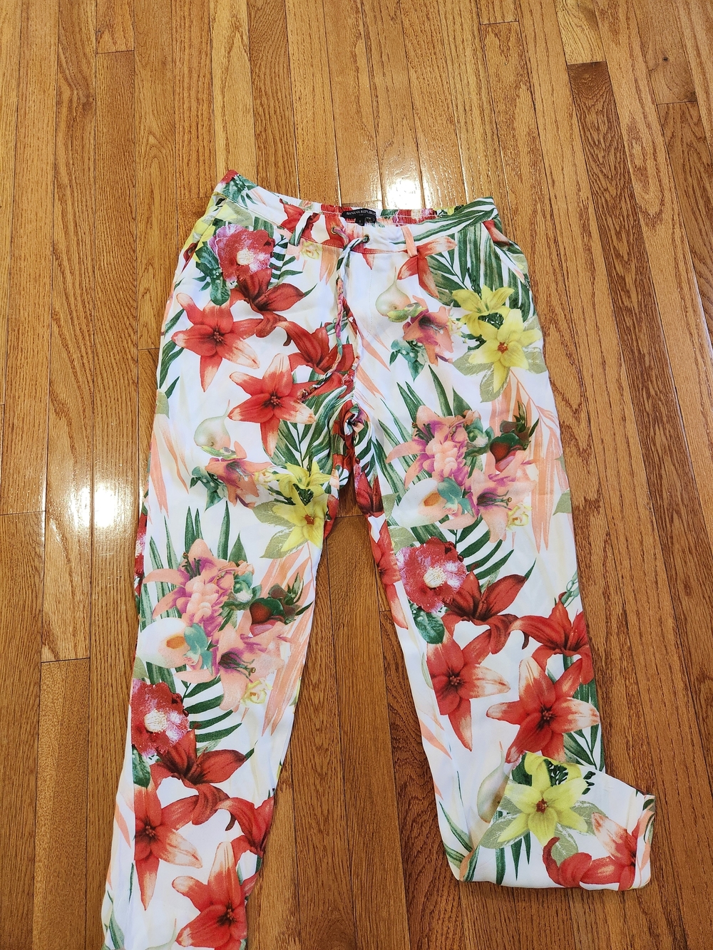 Banana Republic White Floral Drawstring Pants with Red, Yellow & Green Print
